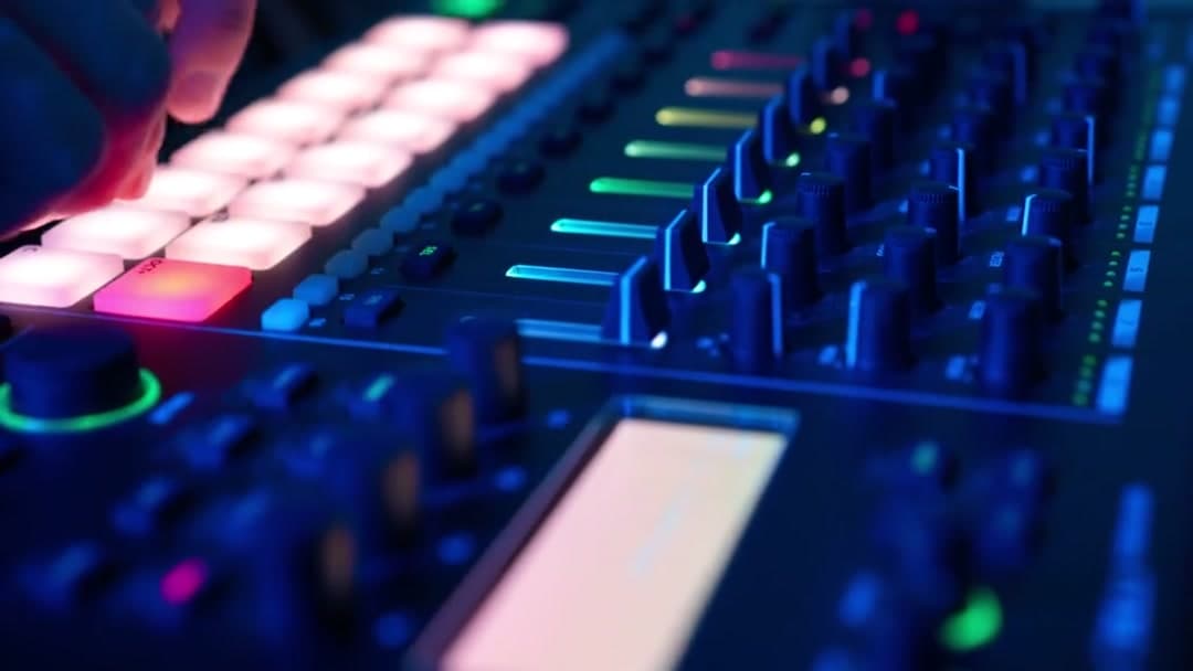 Professional DJ Plays a Beat Sampler with Color Drum Pads and Samples in Studio Environment. Beatmaker Plays edm Tracks on Party in a Nightclub. Electronic Musical Instrument. Unrecognizable person 12771704 Stock Video at.mp4